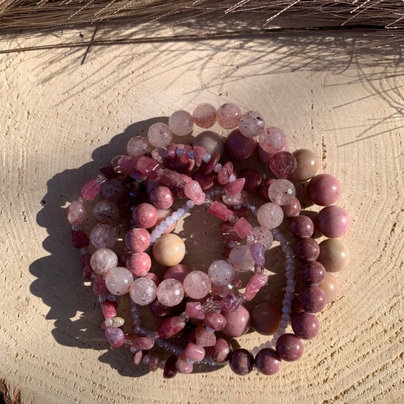 Natural Strawberry Quartz, Pink Rhodonite & Raw Tourmaline Gemstone Bracelets - Picture 11 of 15